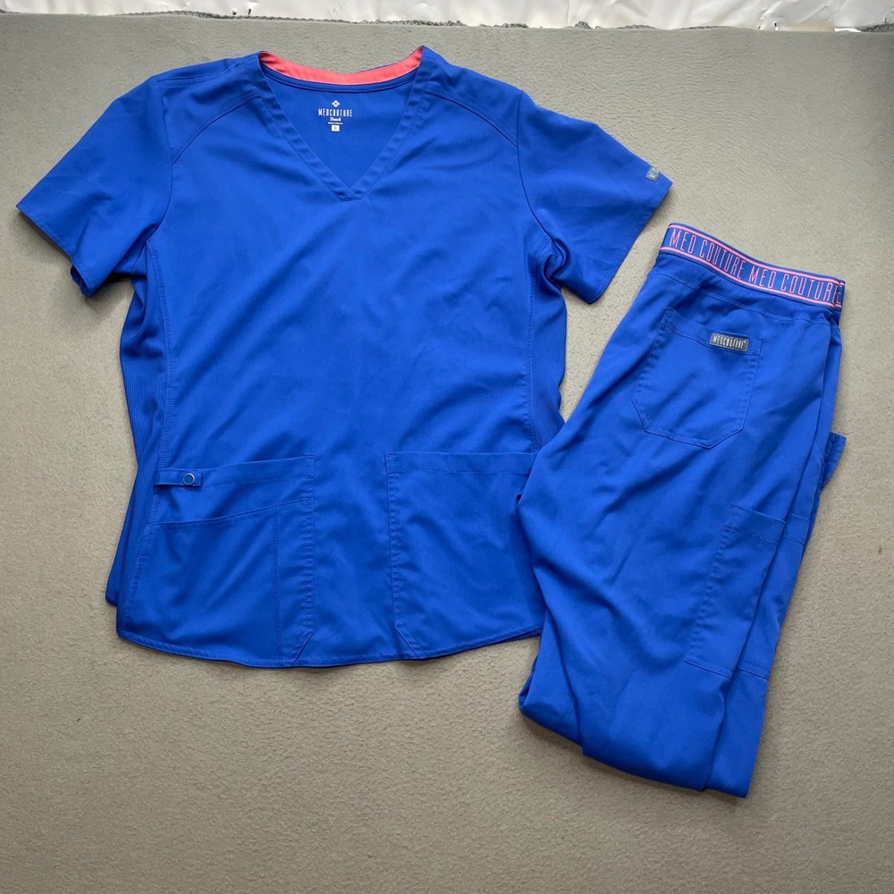 Med Couture Women Scrub Set Polyester Rayon Royal Blue Large Modern Workwear